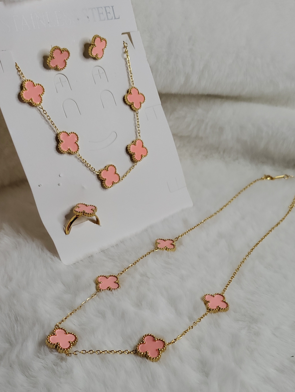 Gold Plated Pink Clover Necklace & Earring Set - Women's Jewelry